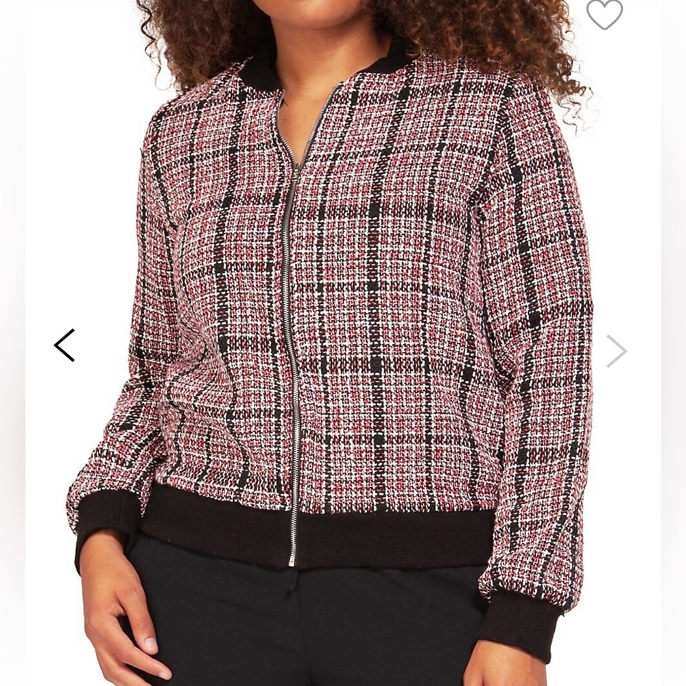 Dex Women's Plus Size 1X  Black Red Check Tweed Bomber Jacket ZIPPER Front